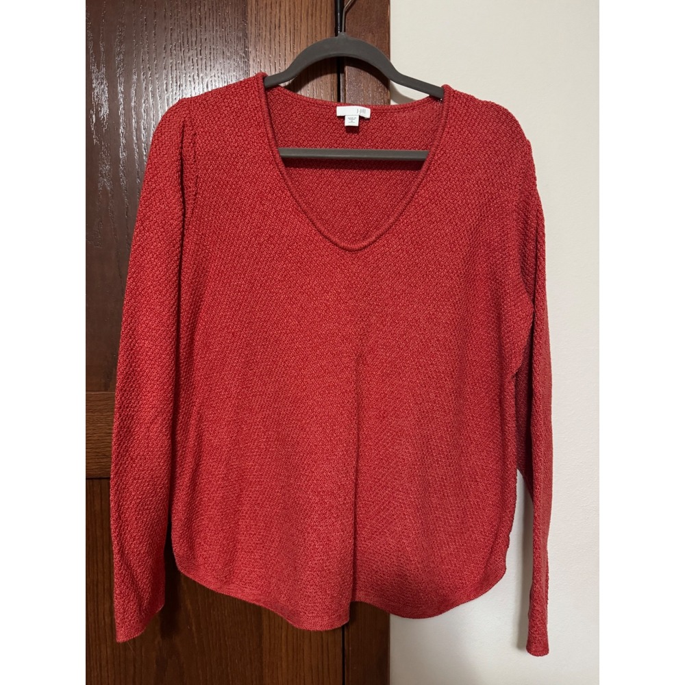 J. Jill Women Coral Orange Textured V-Neck Cotton Blend Sweater Medium Petite